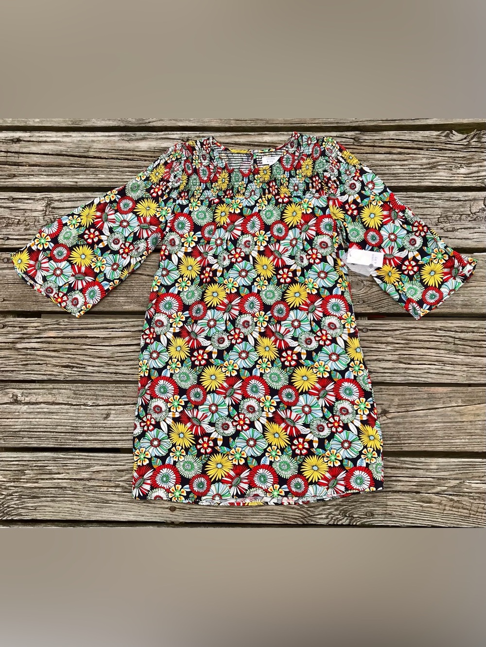 NEW Girls 16 CROWN & IVY Floral Flower Power Smocked Bell Sleeve Tunic Dress